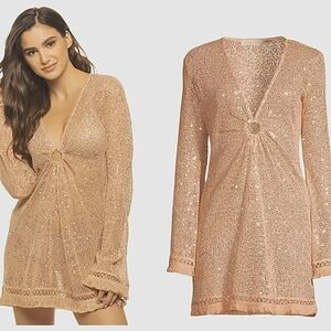 House Of Harlow Sequined Gold Knit V-Neck Dress / Swim Cover Up. Size Large.NWT